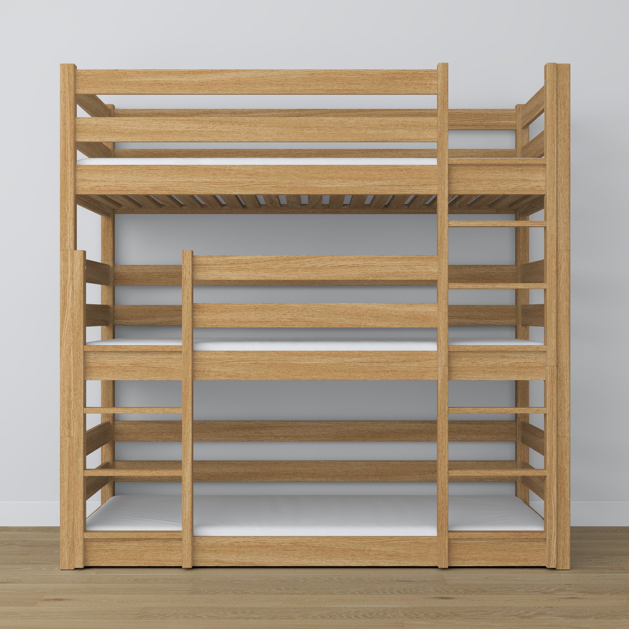 Drievoudig stapelbed naturel eiken – ladder en veiligheidsbedhekken, houten