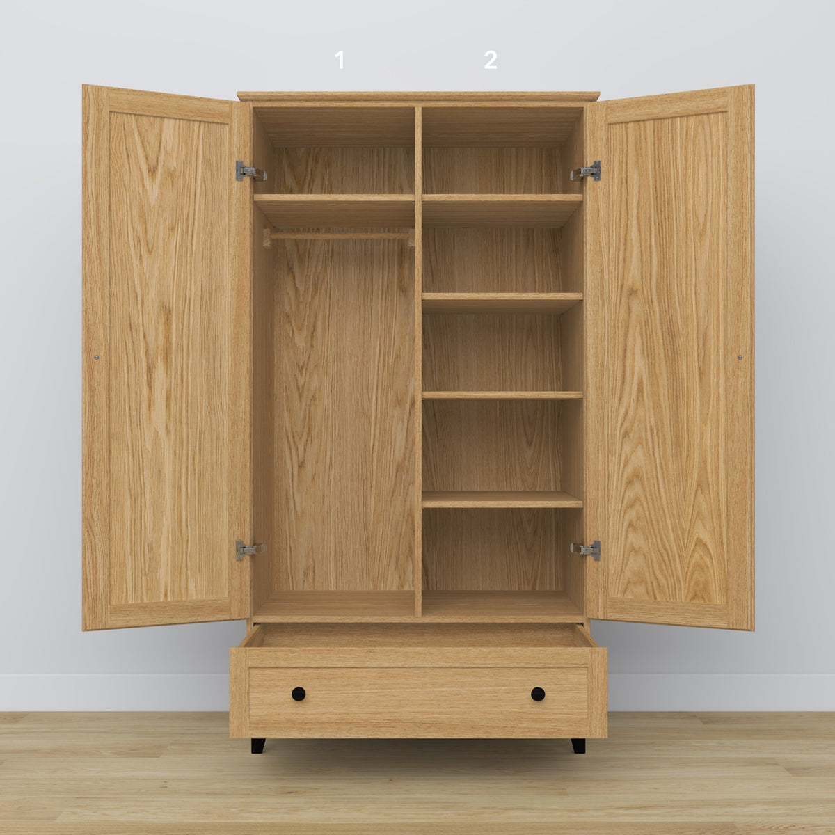 Armoire 2D1S chêne naturel avec noir – tiroir ouvert, rangement spacieux, en chêne