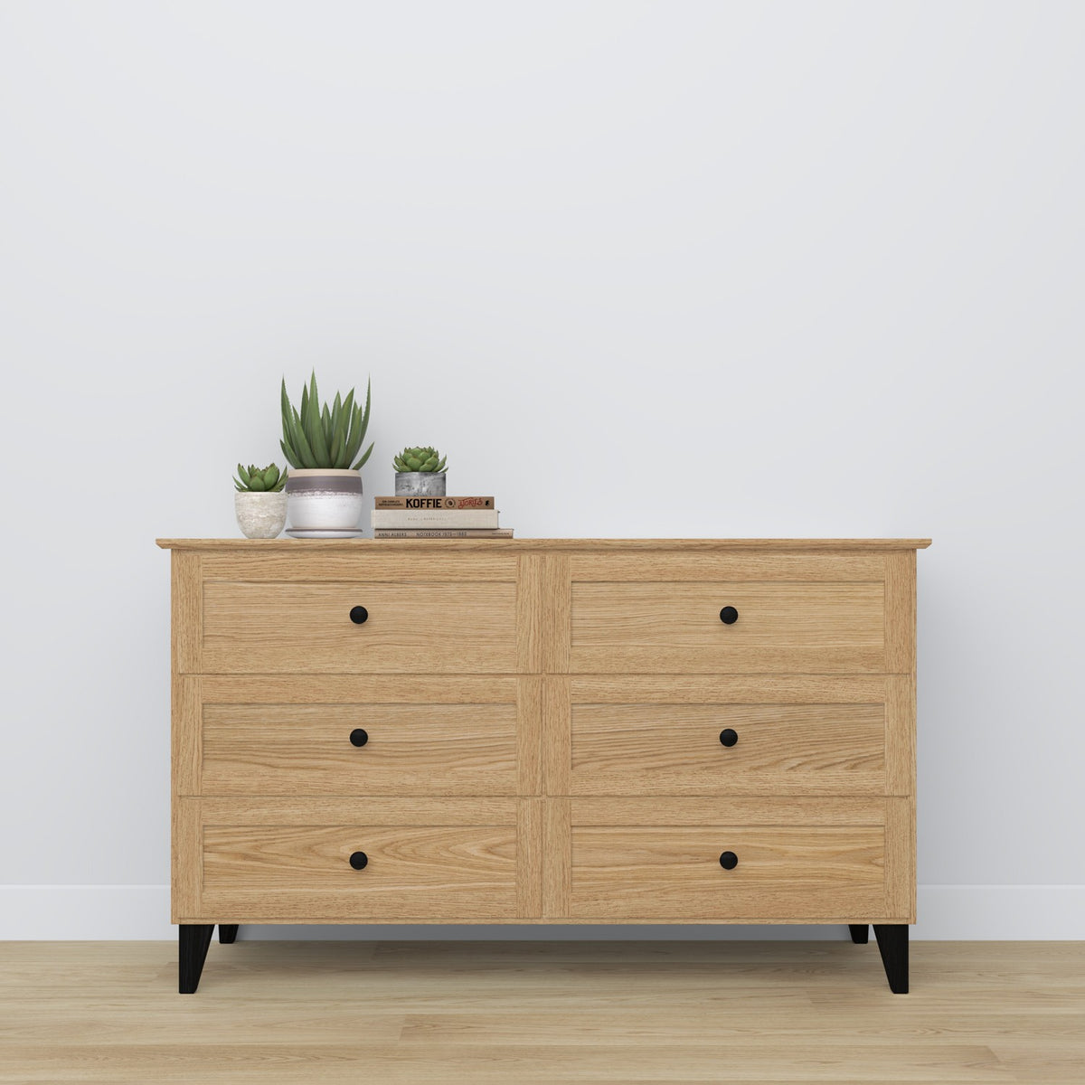 Commode 6S naturel eiken met zwart van eiken – zijaanzicht, diepte en profiel