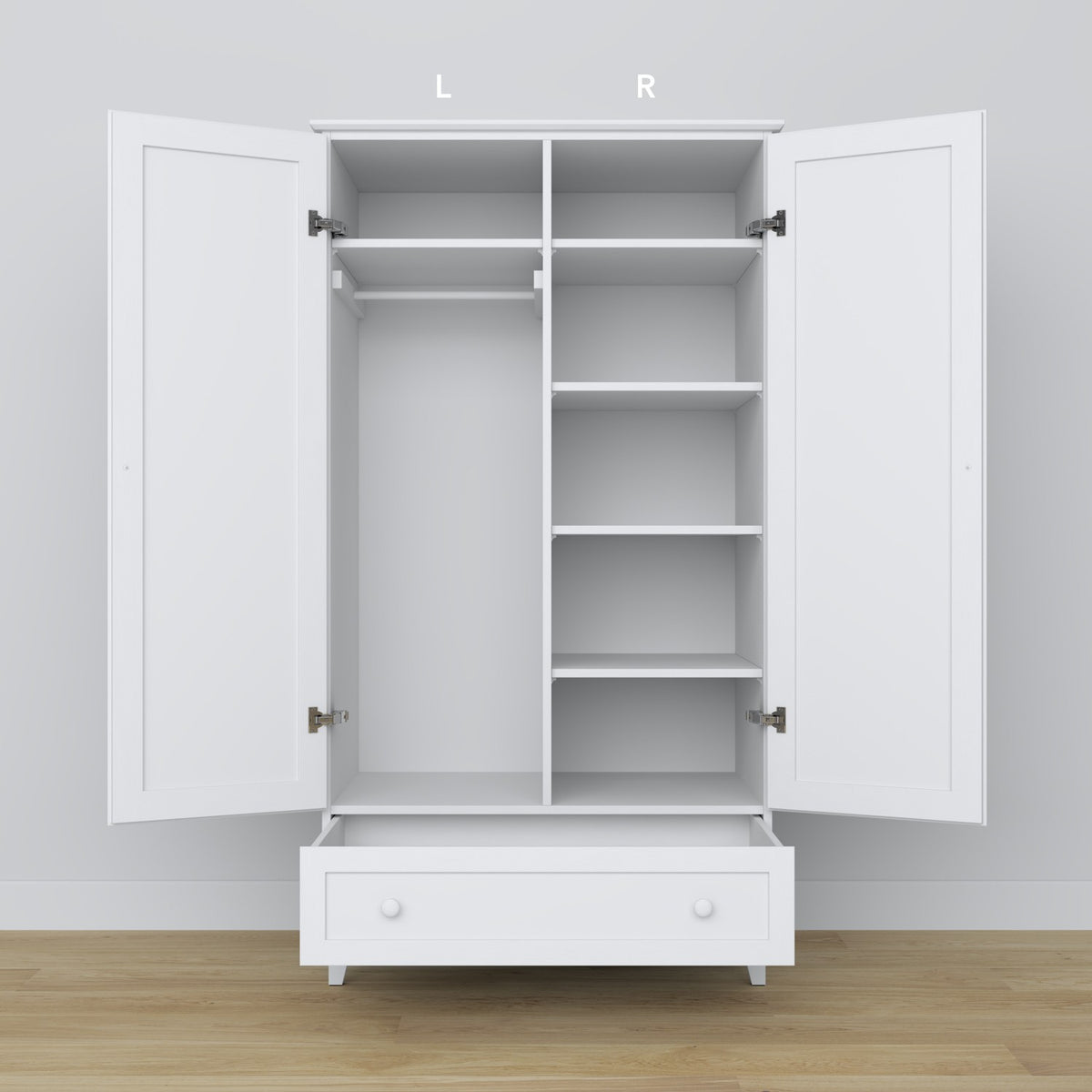 Kast 2D1S wit – lade open, ruim opbergvak, houten