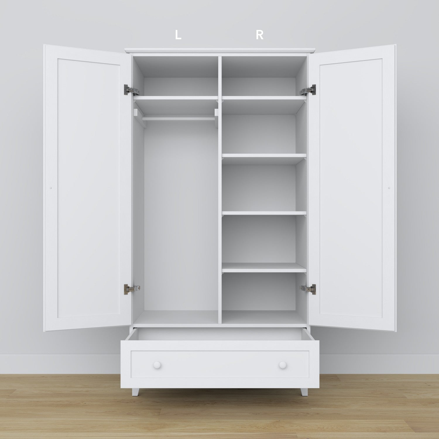 Kast 2D1S wit – lade open, ruim opbergvak, houten
