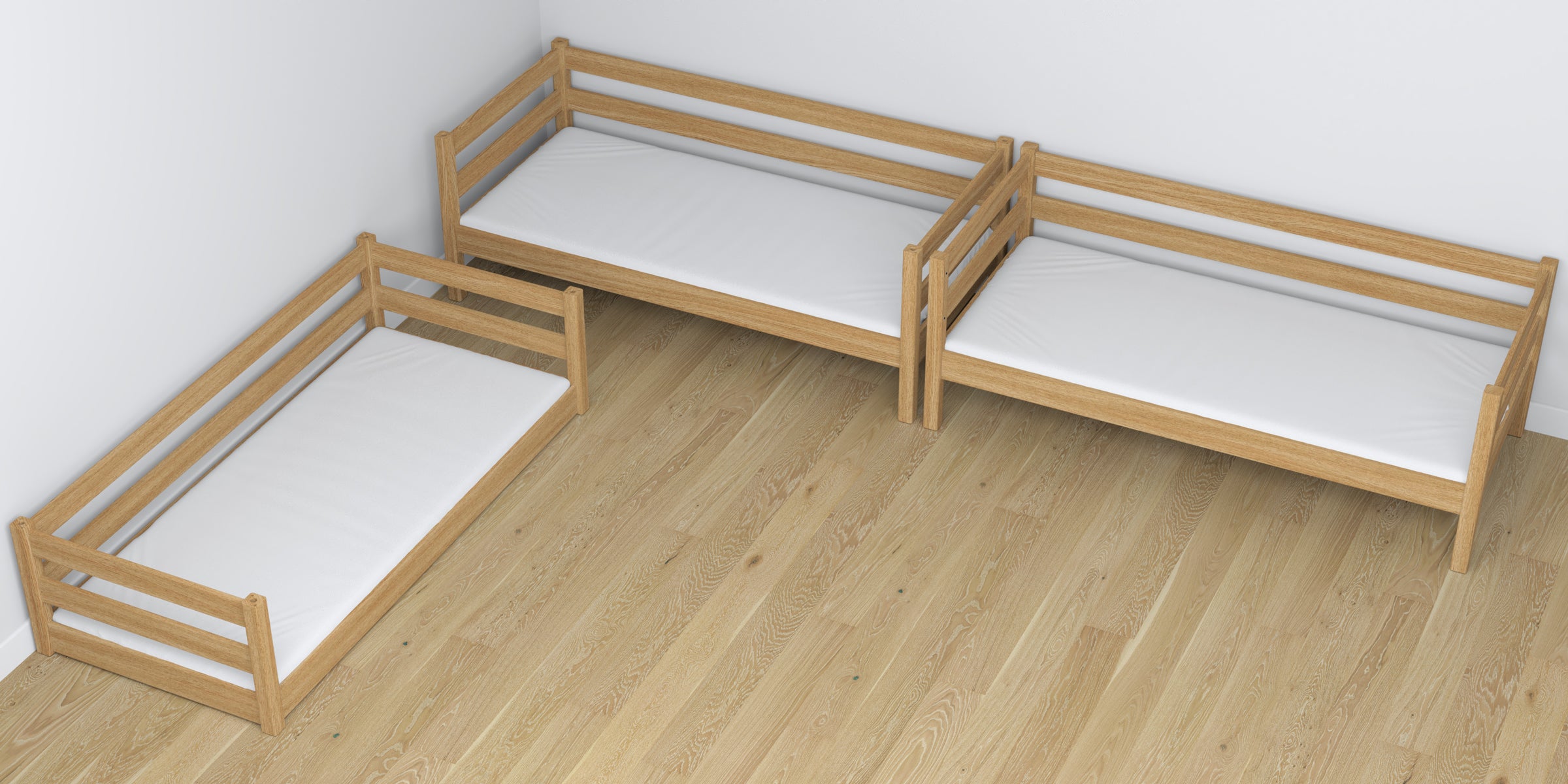 3-laags stapelbed houten naturel eiken – close-up van verbindingen en constructiedetails