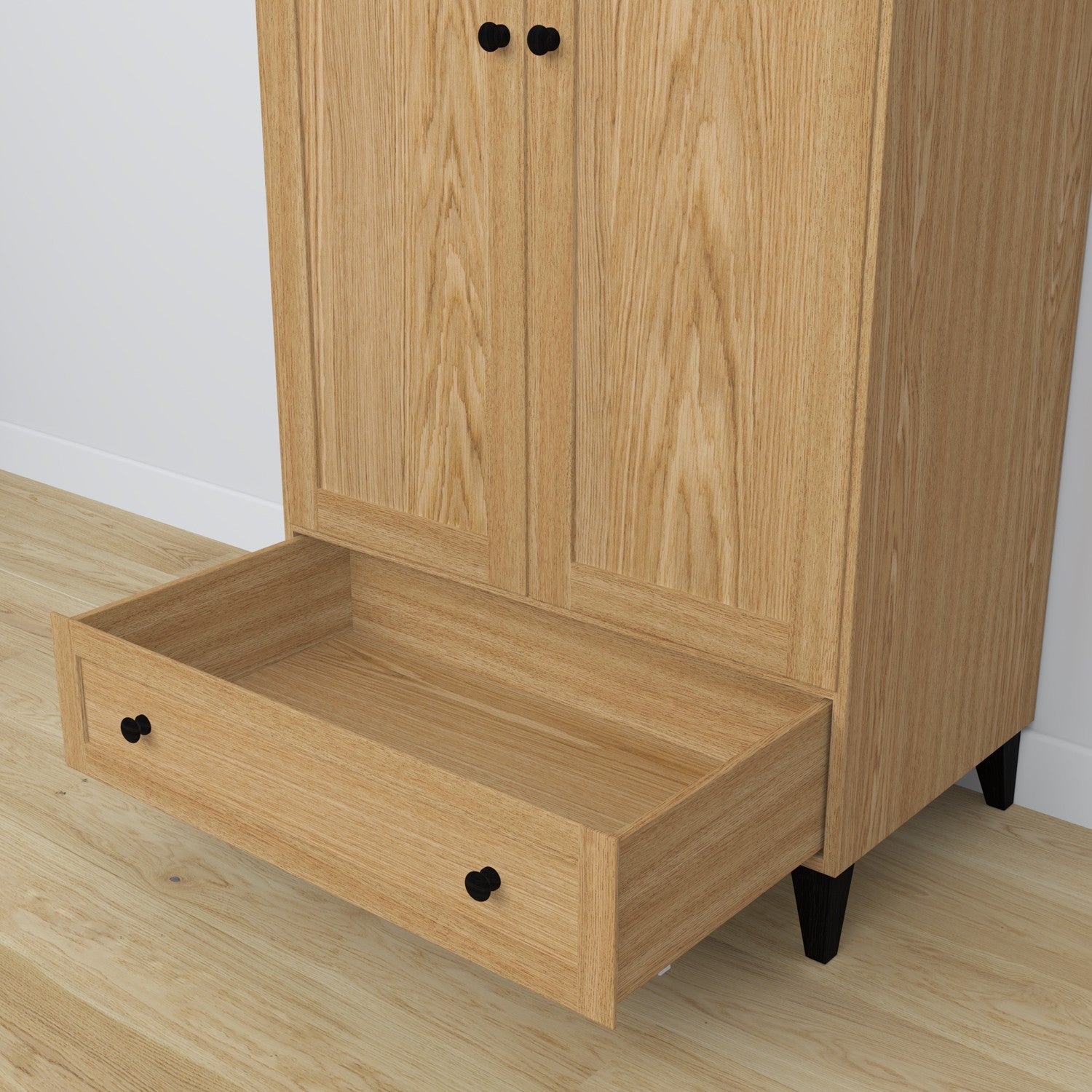Armoire 2D1S en chêne chêne naturel avec noir – vue de côté, profondeur i proportions du meuble