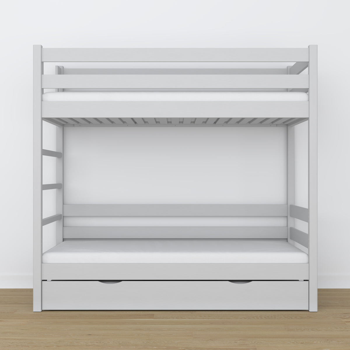 Stapelbed houten grijs – binnenkant matraslade, kinderkamer