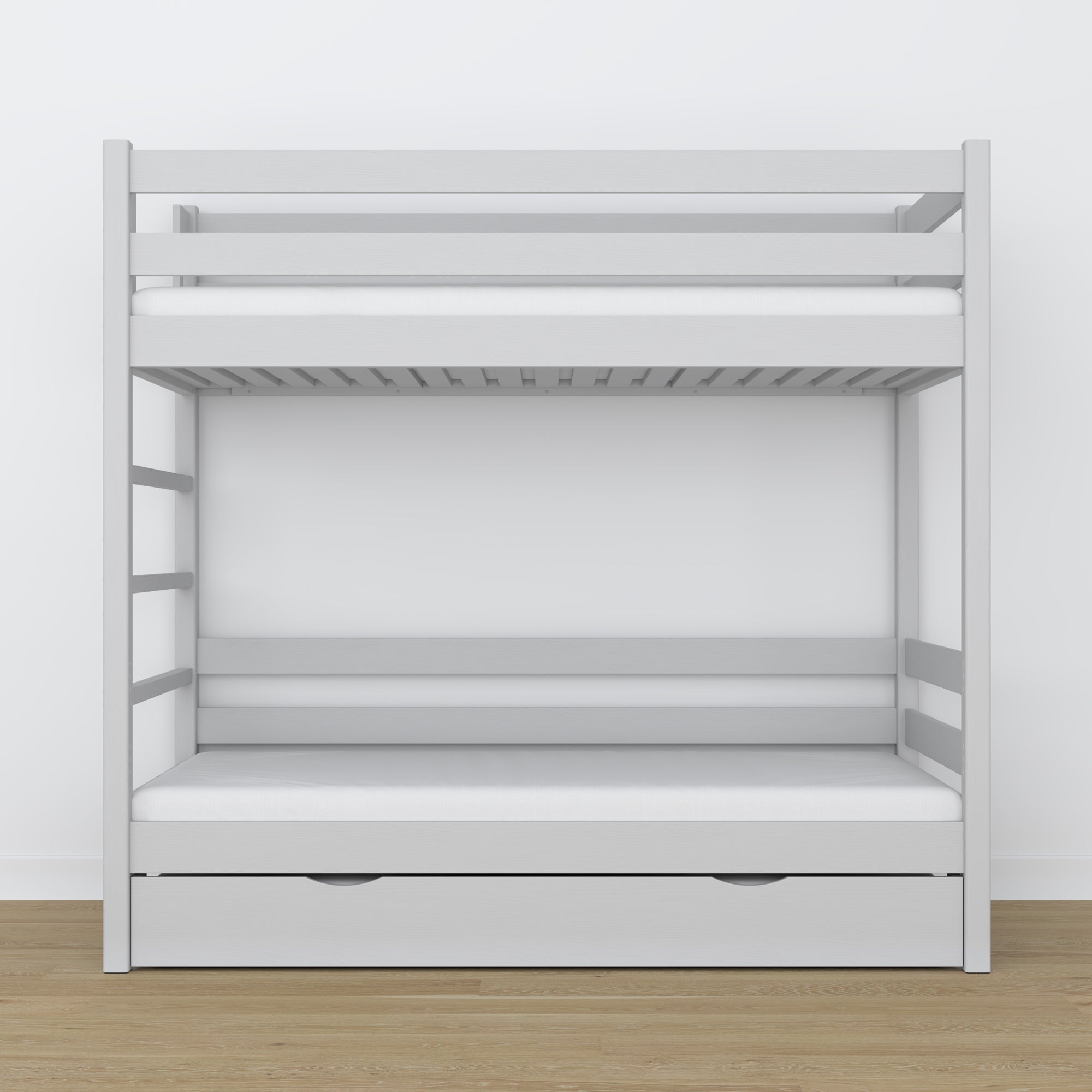 Stapelbed houten grijs – binnenkant matraslade, kinderkamer