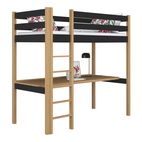 Lit mezzanine avec bureau en bois noir-chêne – chambre d'enfant, scandinave Nizio