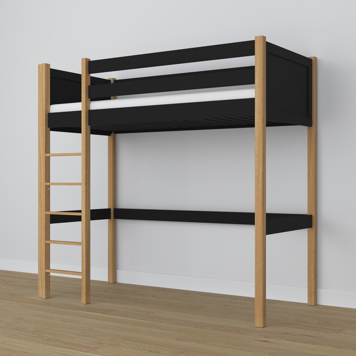 Hoogslaper houten zwart-eiken – vrije ruimte onder de slaapplaats, Nizio