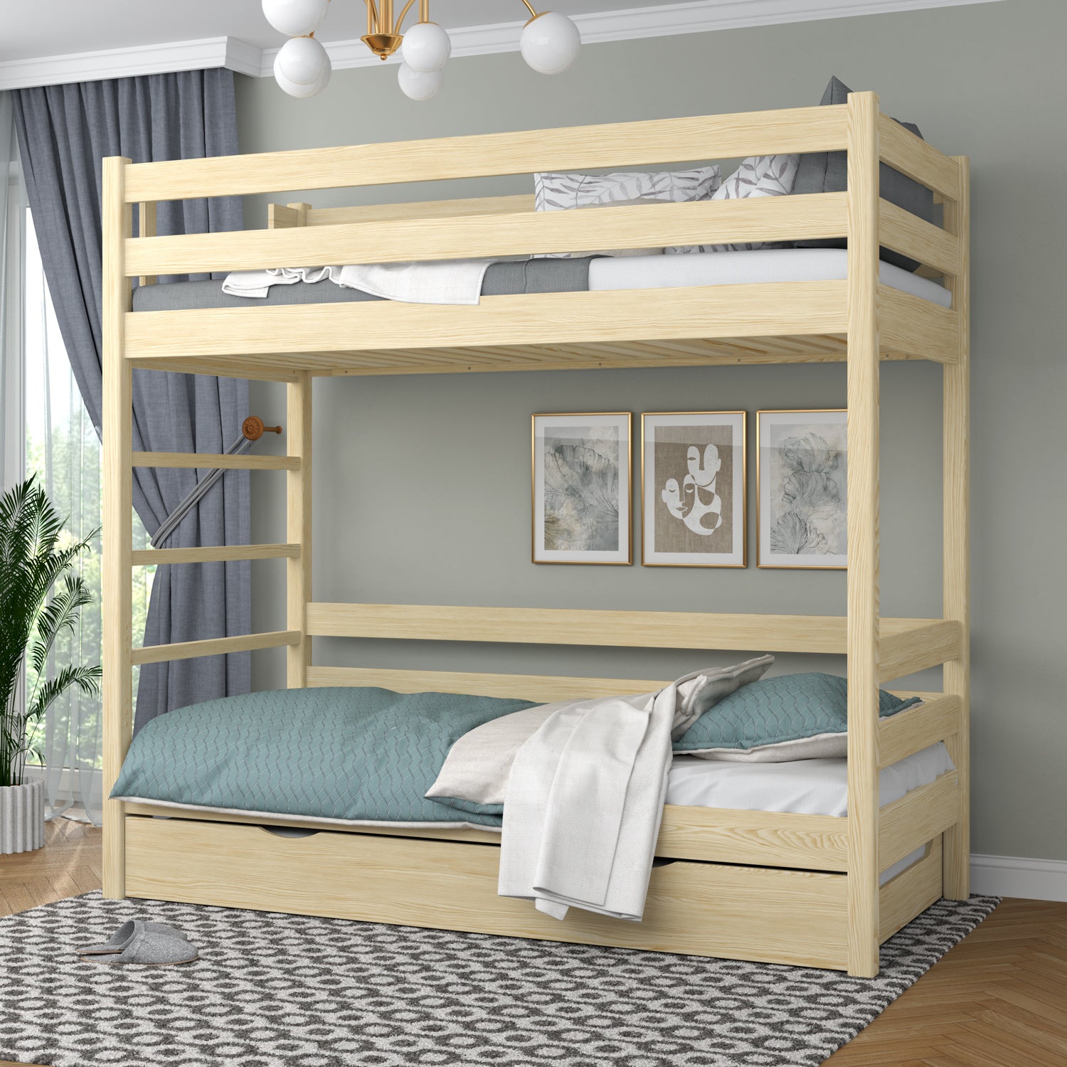 Houten stapelbed transparant grenen met matraslade – valbescherming, houten, Nizio Home