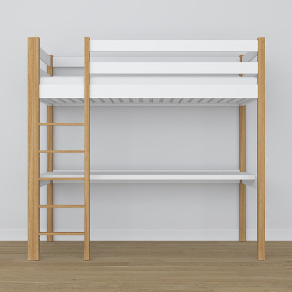 Lit mezzanine blanc-chêne avec bureau – espace d'apprentissage sous la chambre, en bois