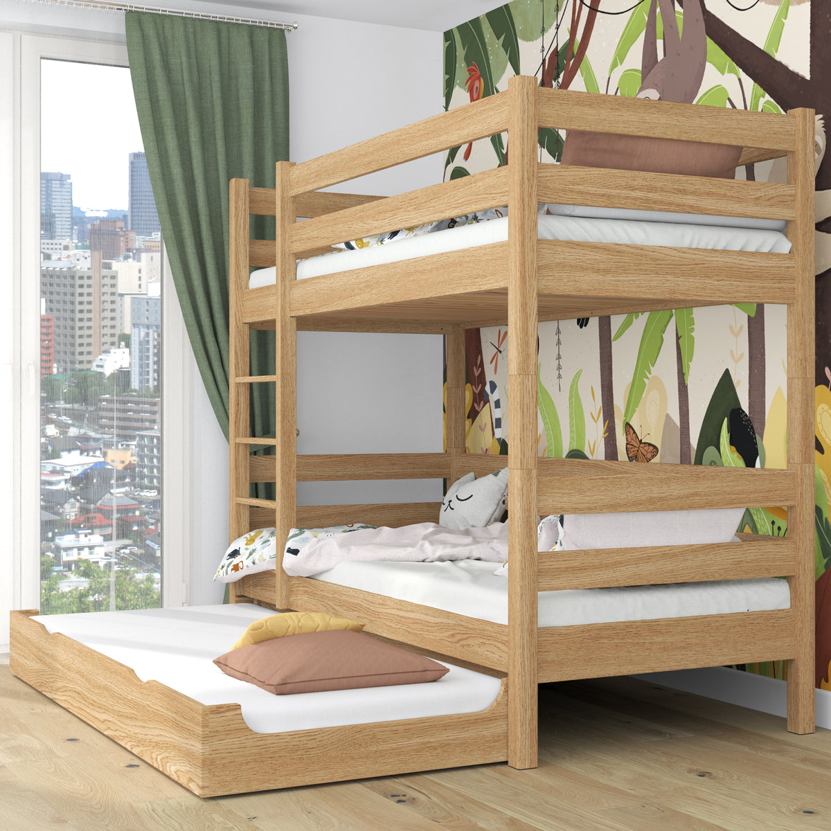 Oak Bunk Bed Natural Oak – Ladder, Rails, Drawer for Extra Mattress
