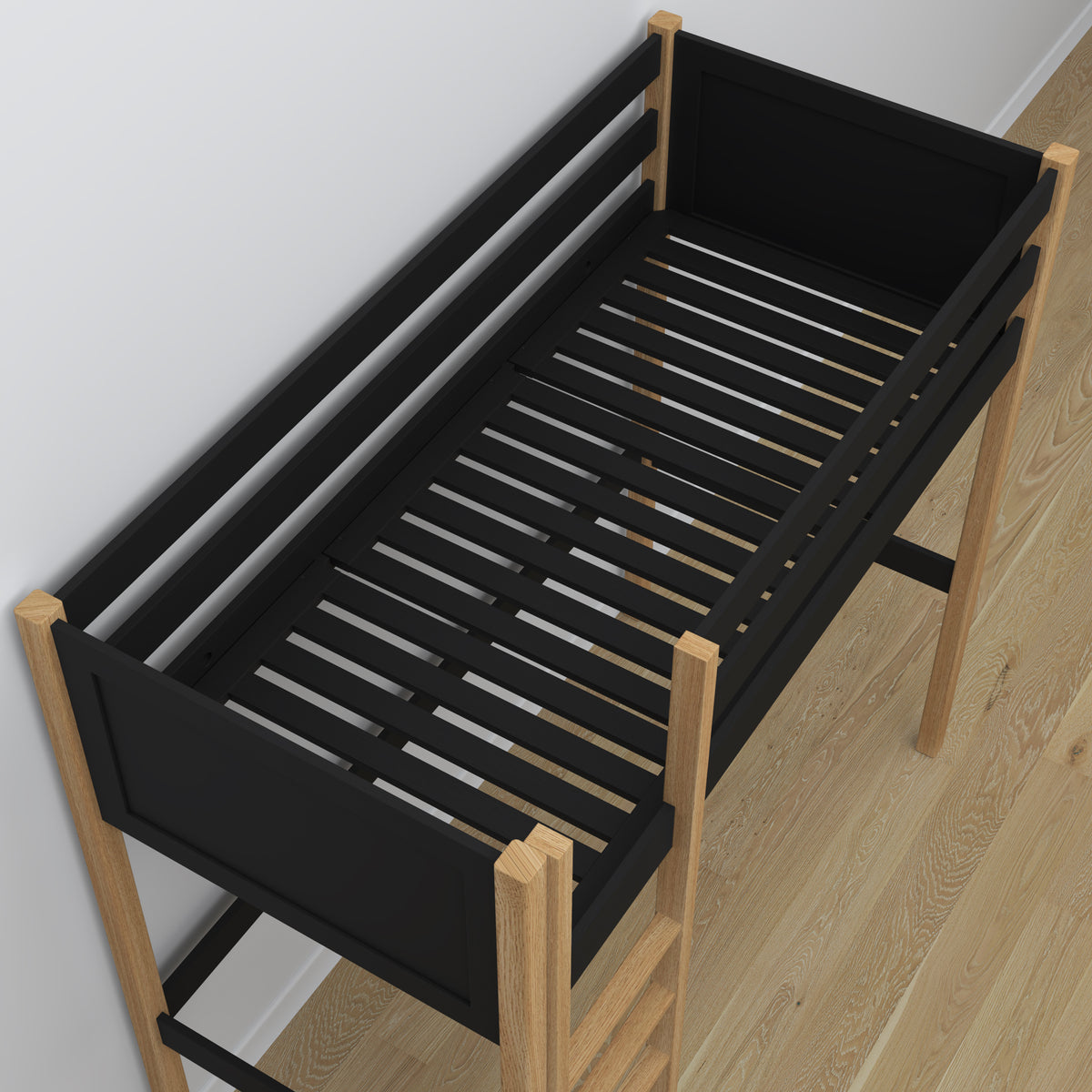 Houten hoogslaperbed zwart-eiken – details verbindingen en ladder, Nizio Home