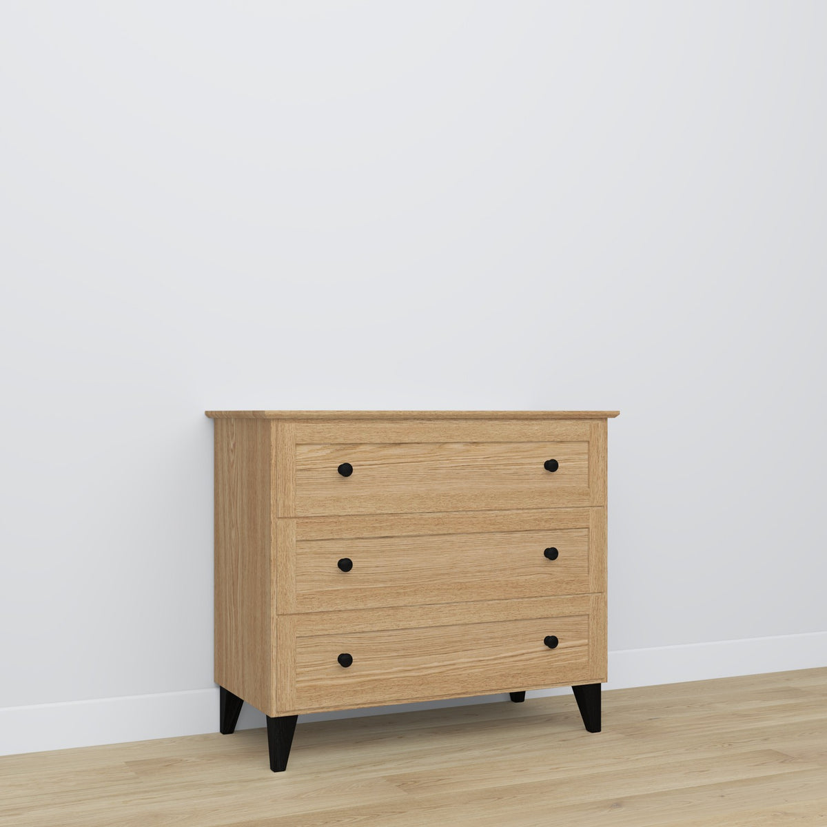 Commode 3S chêne naturel avec noir – en chêne, szuflady fermé, vue frontale, Nizio