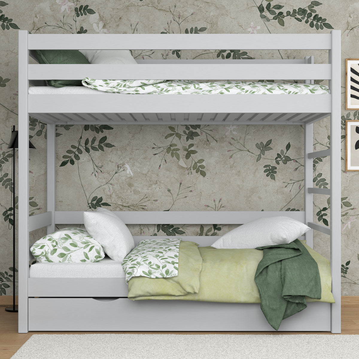 Stapelbed houten grijs – ladder, hekjes, lade voor extra matras