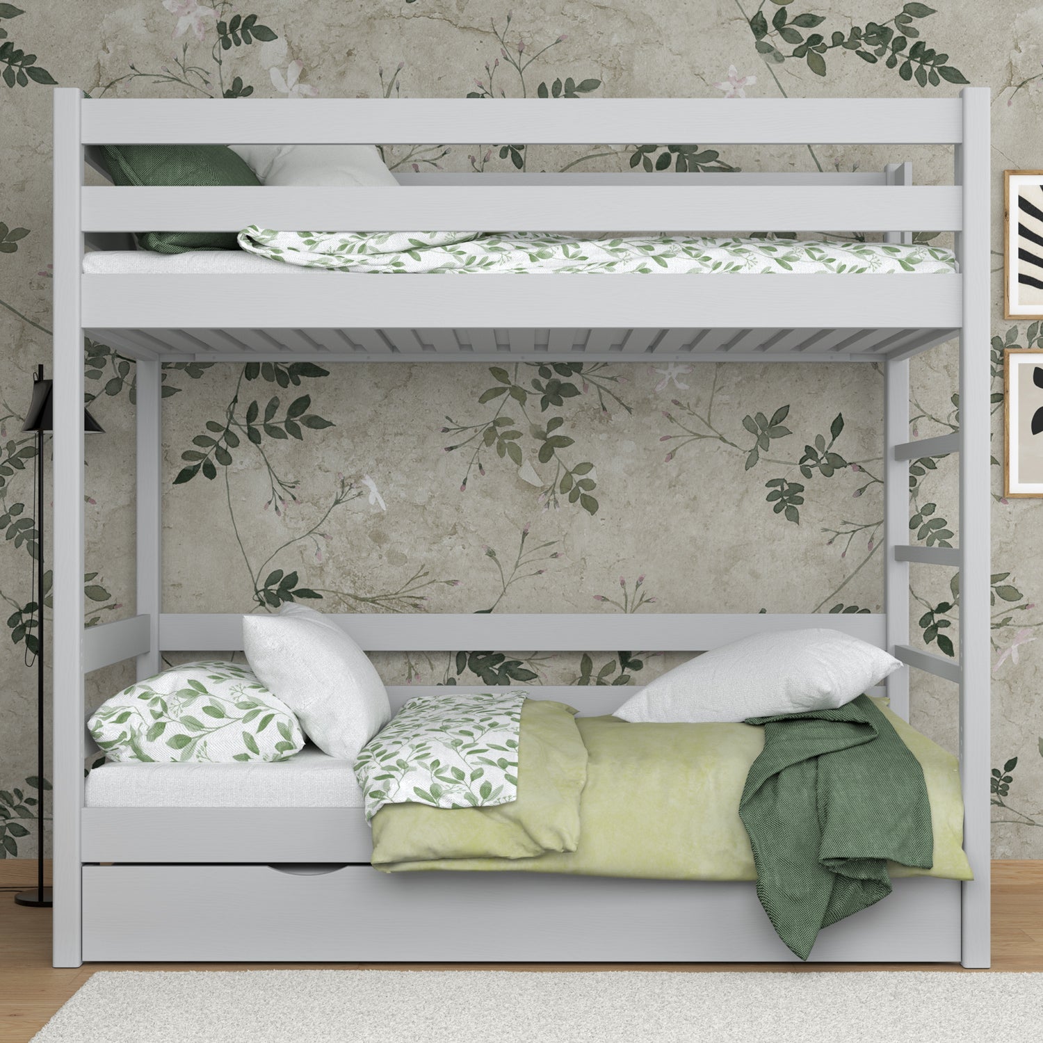 Stapelbed houten grijs – ladder, hekjes, lade voor extra matras