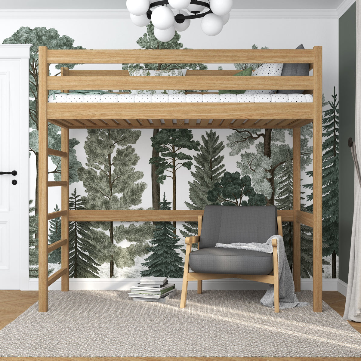 Loft bed natural oak – oak ladder and safety rail, Nizio Home