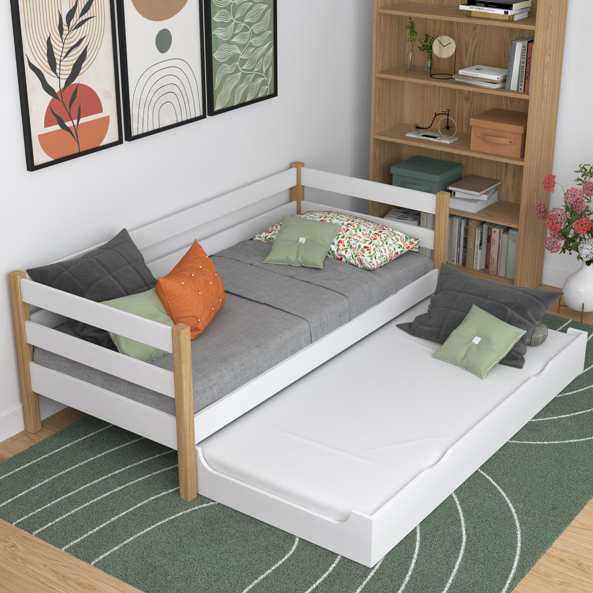 Slaapbank houten wit-eiken – lade voor matras uitgetrokken, voor gasten