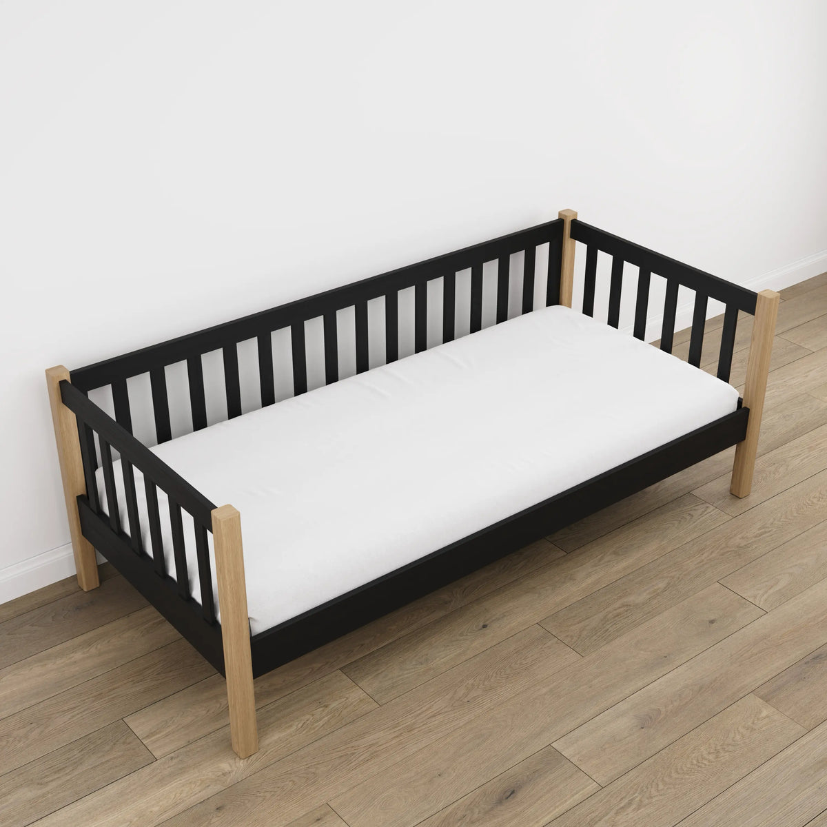 Slaapbank zwart met eiken in kinderkamer – scandi inrichting, houten