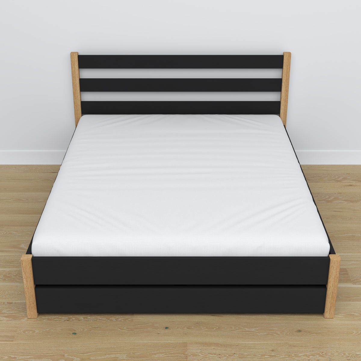 Tweepersoonsbed met lade houten zwart met eiken – schuin aanzicht, slaapkamer scandi
