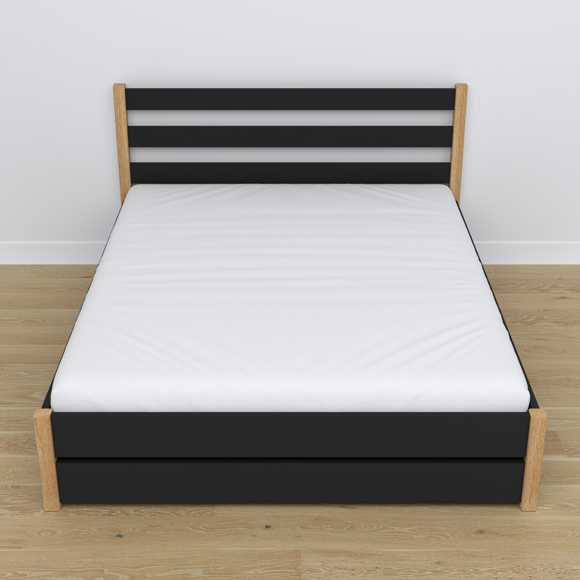 Tweepersoonsbed met lade houten zwart met eiken – schuin aanzicht, slaapkamer scandi