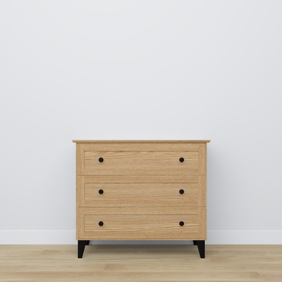 Commode 3S en chêne chêne naturel avec noir – szuflady otwarte, pojemne l'intérieur rangements