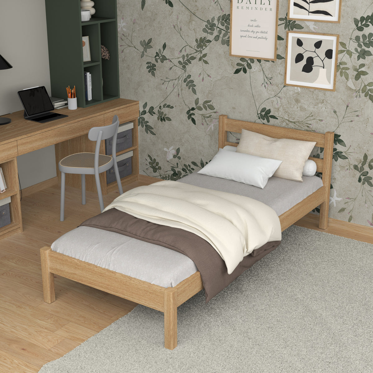Lit simple en chêne chêne naturel – vue de côté, proportions du meuble