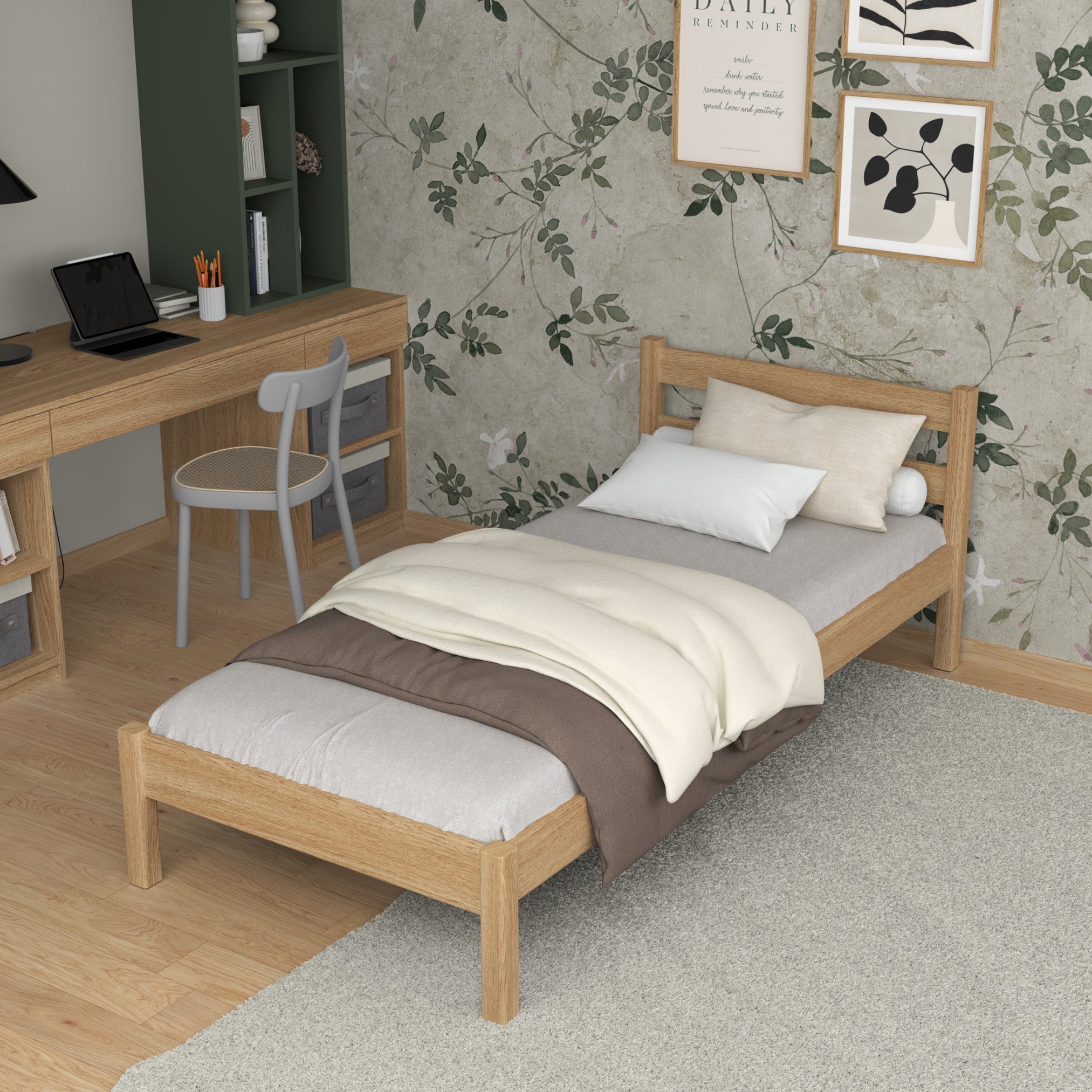 Lit simple en chêne chêne naturel – vue de côté, proportions du meuble