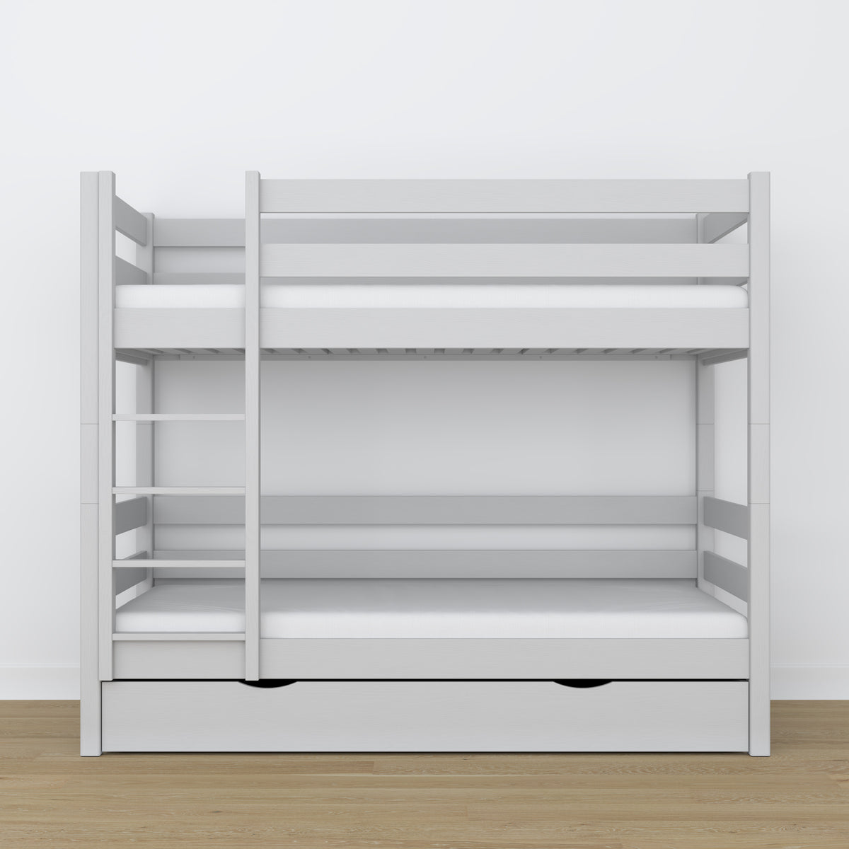 Stapelbed van hout grijs – details van verbindingen en ladder, kinderkamer