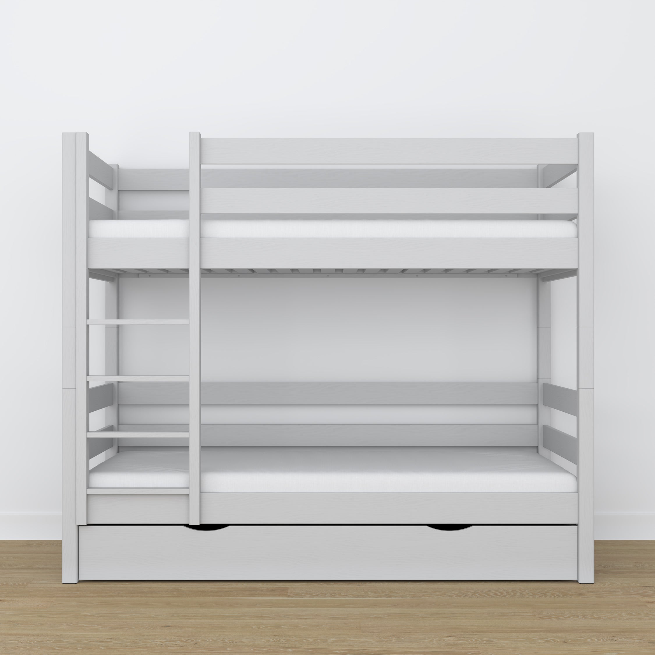 Stapelbed van hout grijs – details van verbindingen en ladder, kinderkamer