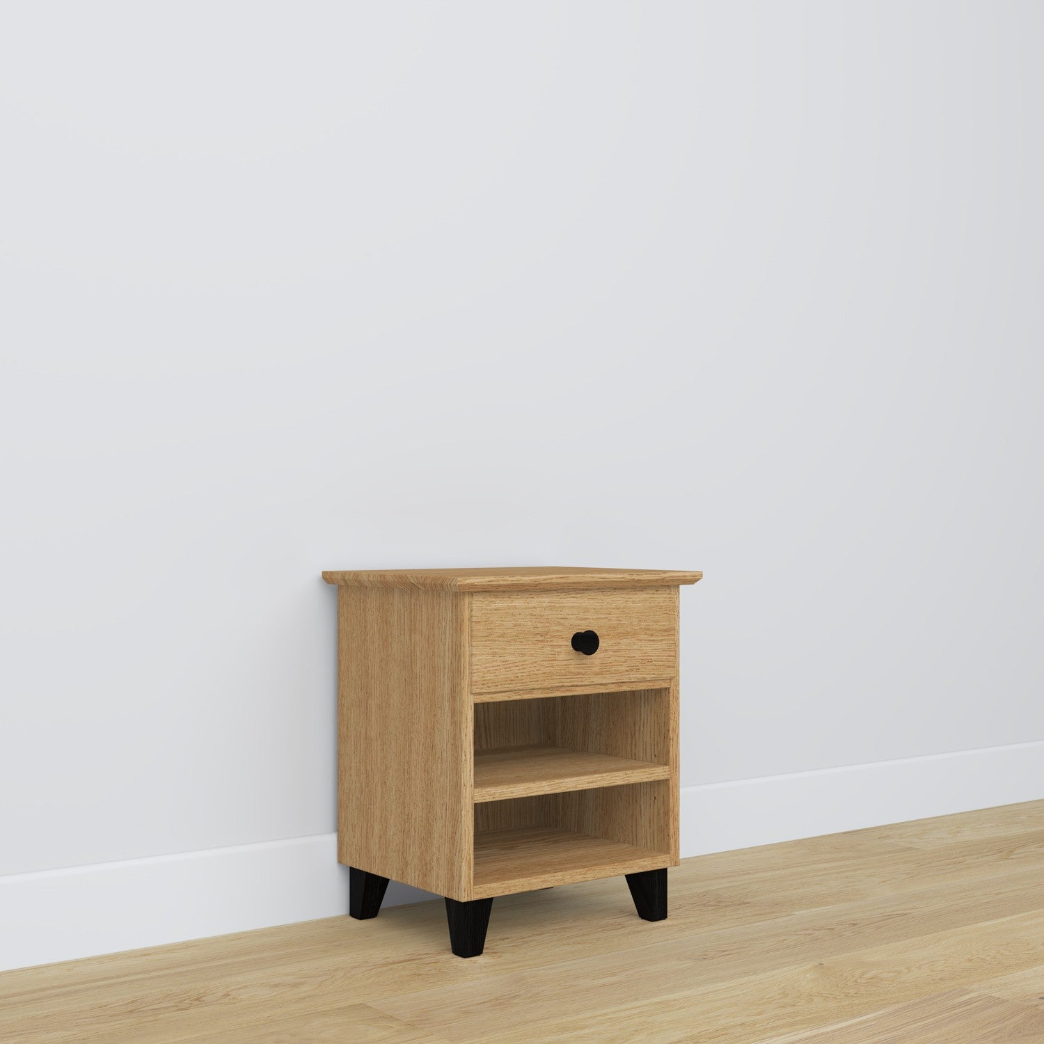 Table de chevet N02 en chêne chêne naturel avec noir – tiroir ouvert, rangement près du lit