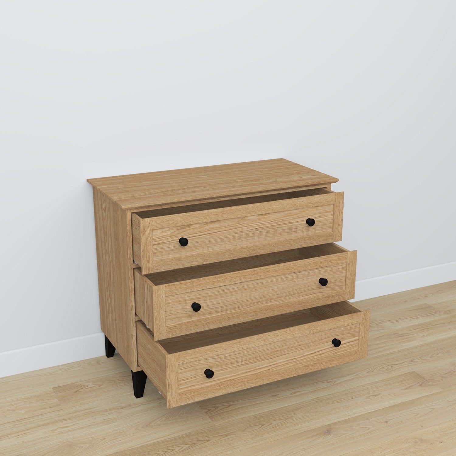 Commode 3S chêne naturel avec noir en chêne – vue de côté, kompaktowa forme