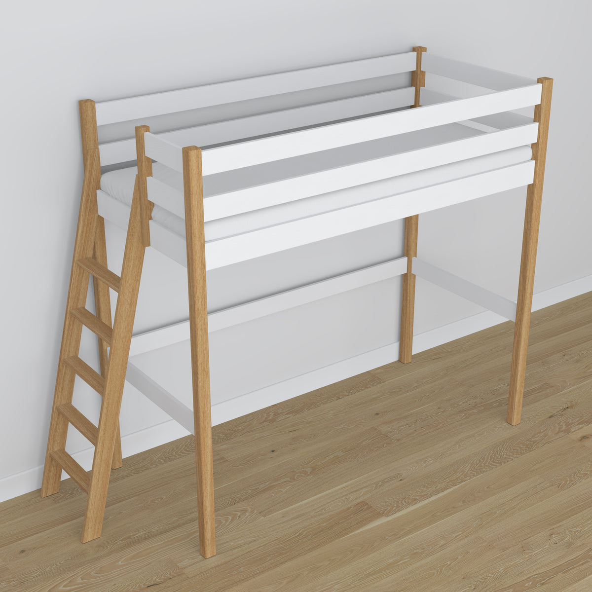 Houten hoogslaperbed wit-eiken – details van verbindingen en ladder, Nizio Home
