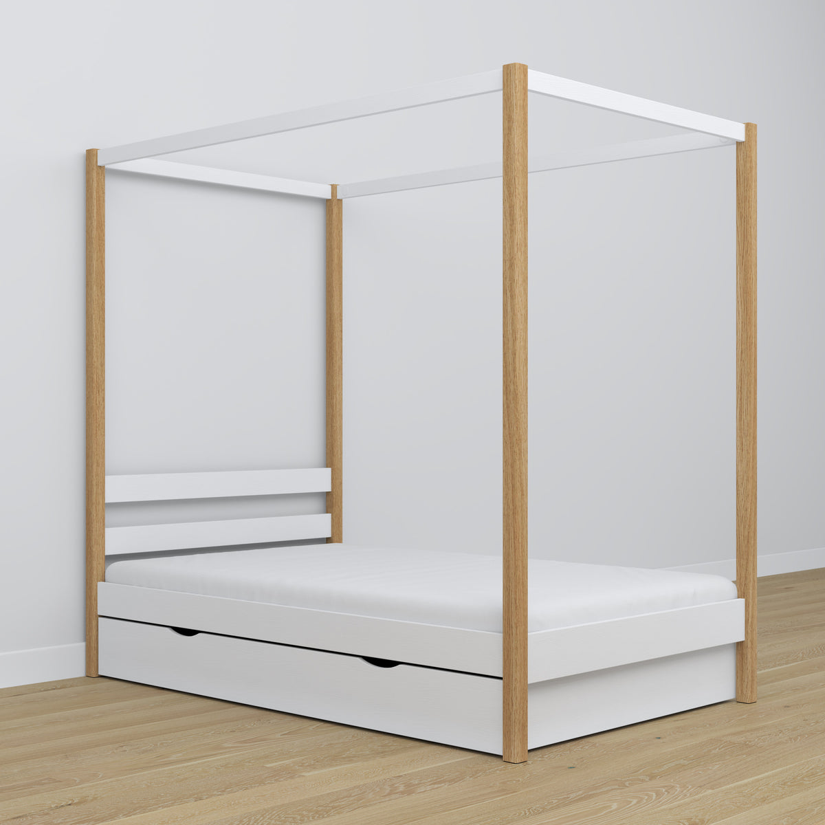Houten bed met hemelbed wit-eiken – decoratief frame, kinderkamer