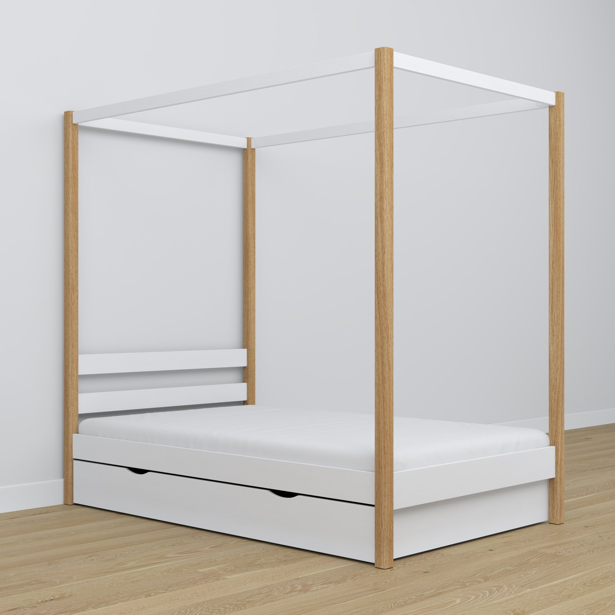 Houten bed met hemelbed wit-eiken – decoratief frame, kinderkamer