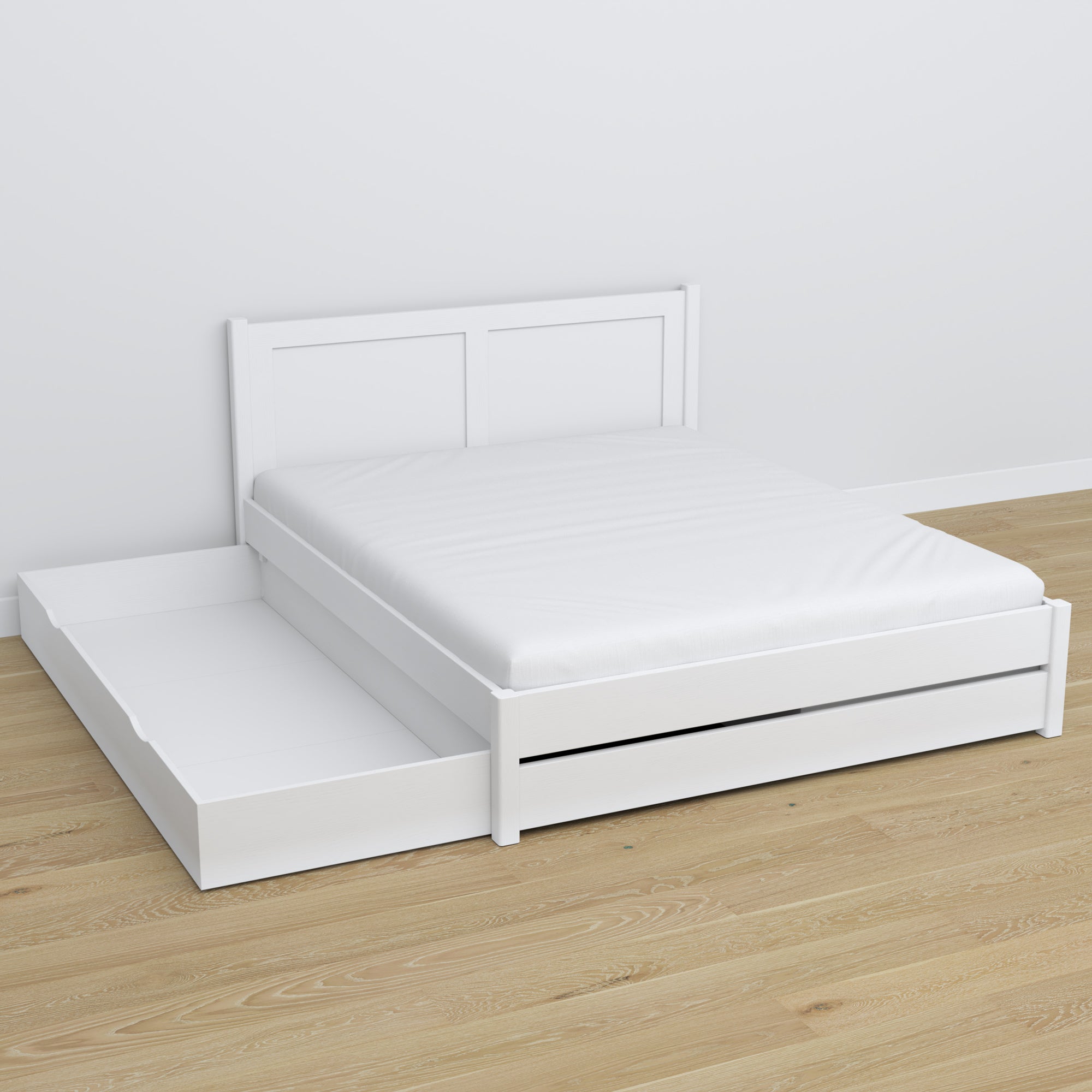 Tweepersoonsbed wit met lade in de slaapkamer – Scandinavische inrichting