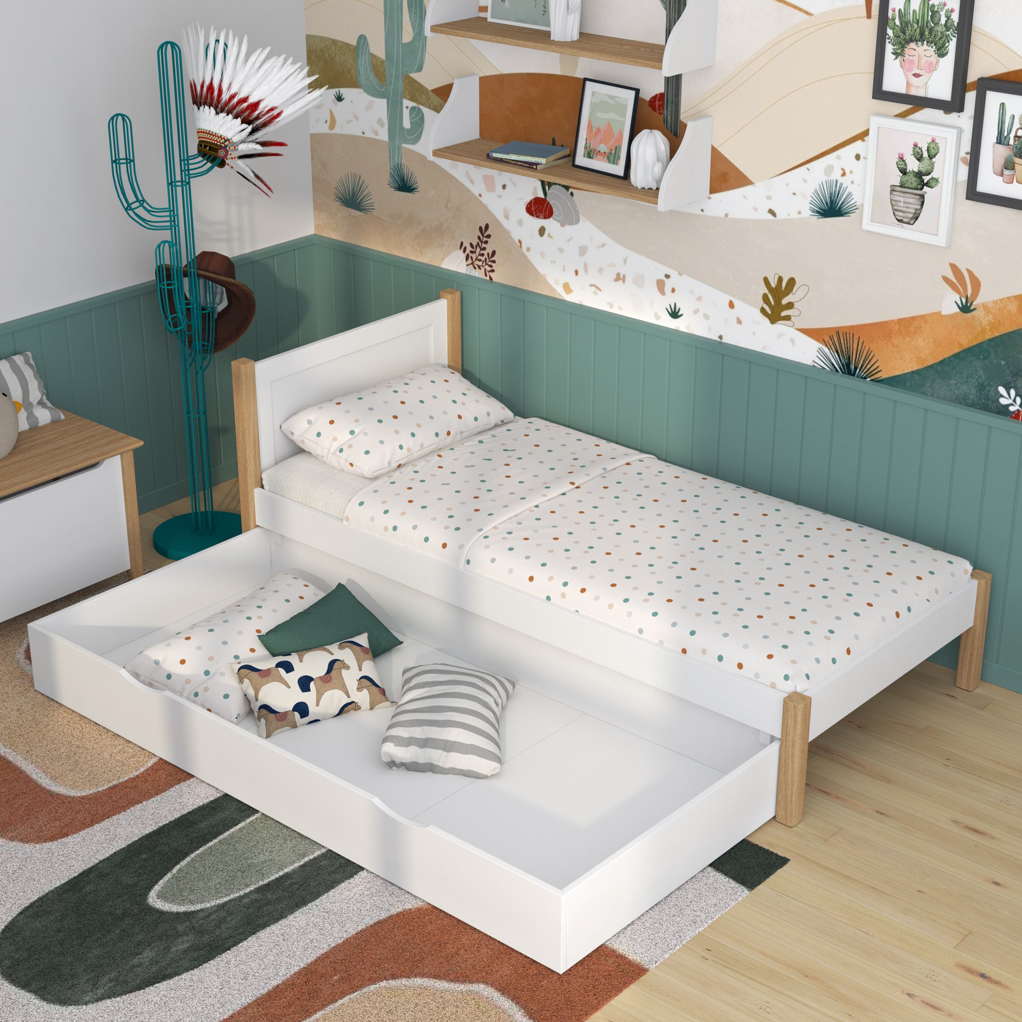 Bed white/oak with drawer – spacious storage compartment, wooden, for children Nizio