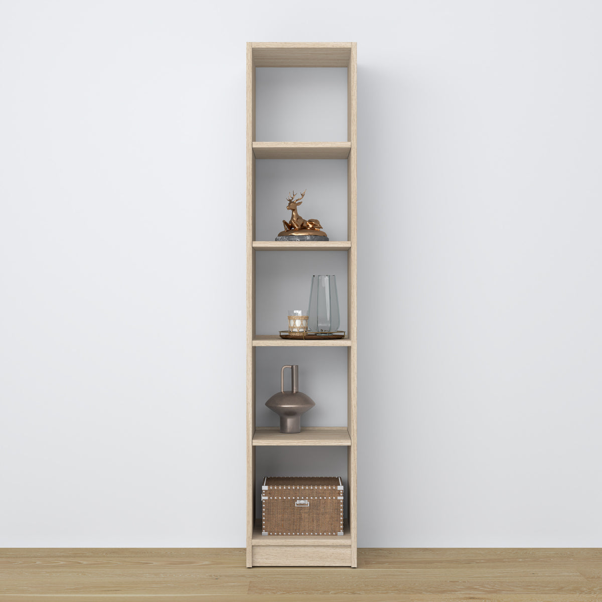 Bookcase bleached oak – oak, front view, all shelves, Nizio