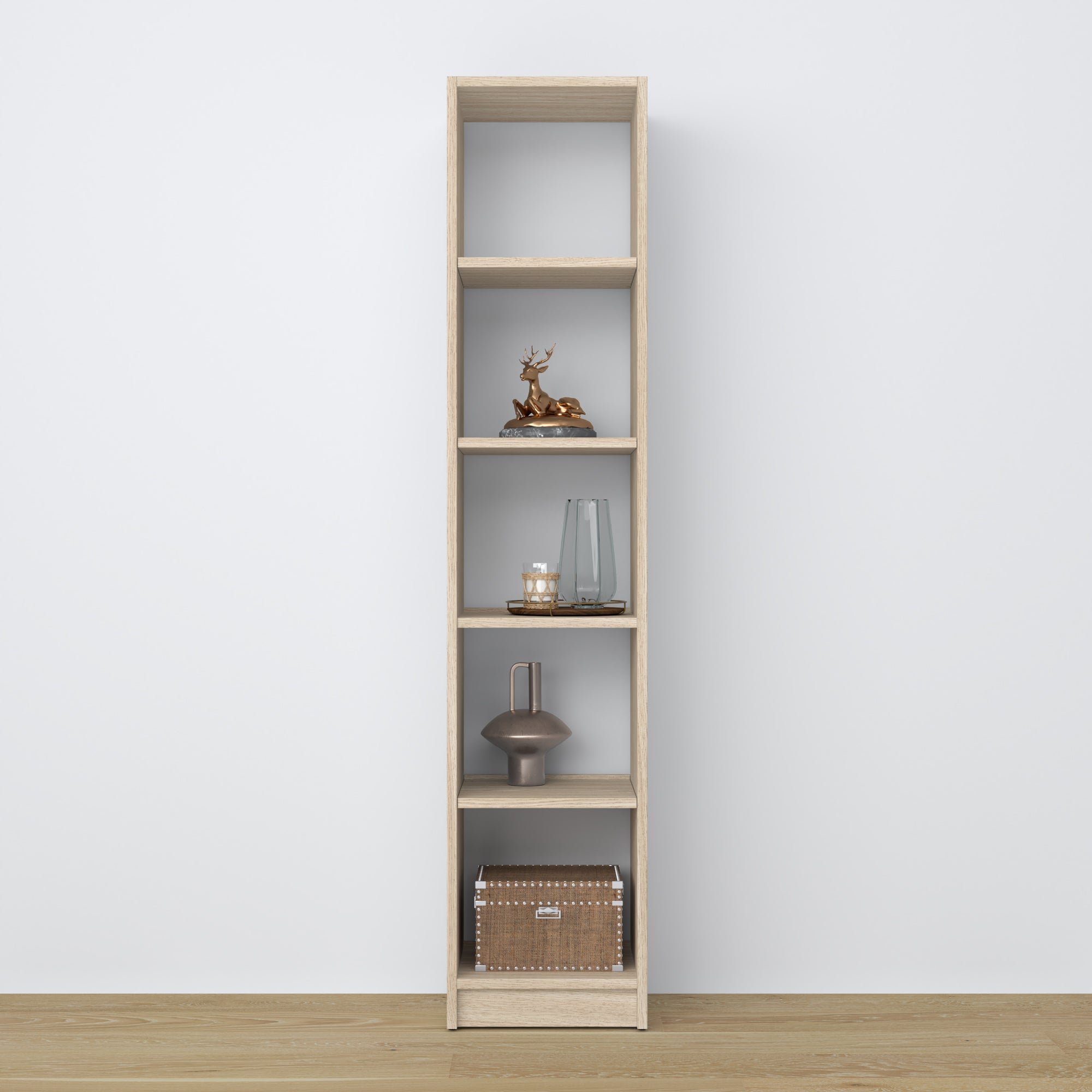 Bookcase bleached oak – oak, front view, all shelves, Nizio