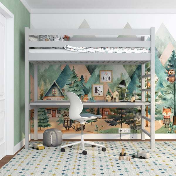 Lit mezzanine gris avec bureau – espace d'apprentissage sous la chambre, en bois