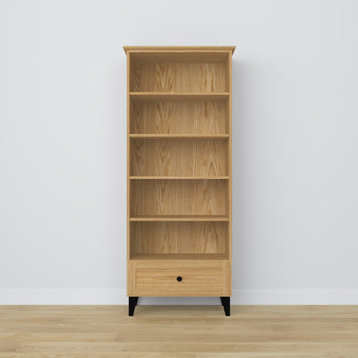 Bookcase with drawer oak natural oak with black 80 cm – living room and office, Scandinavian style