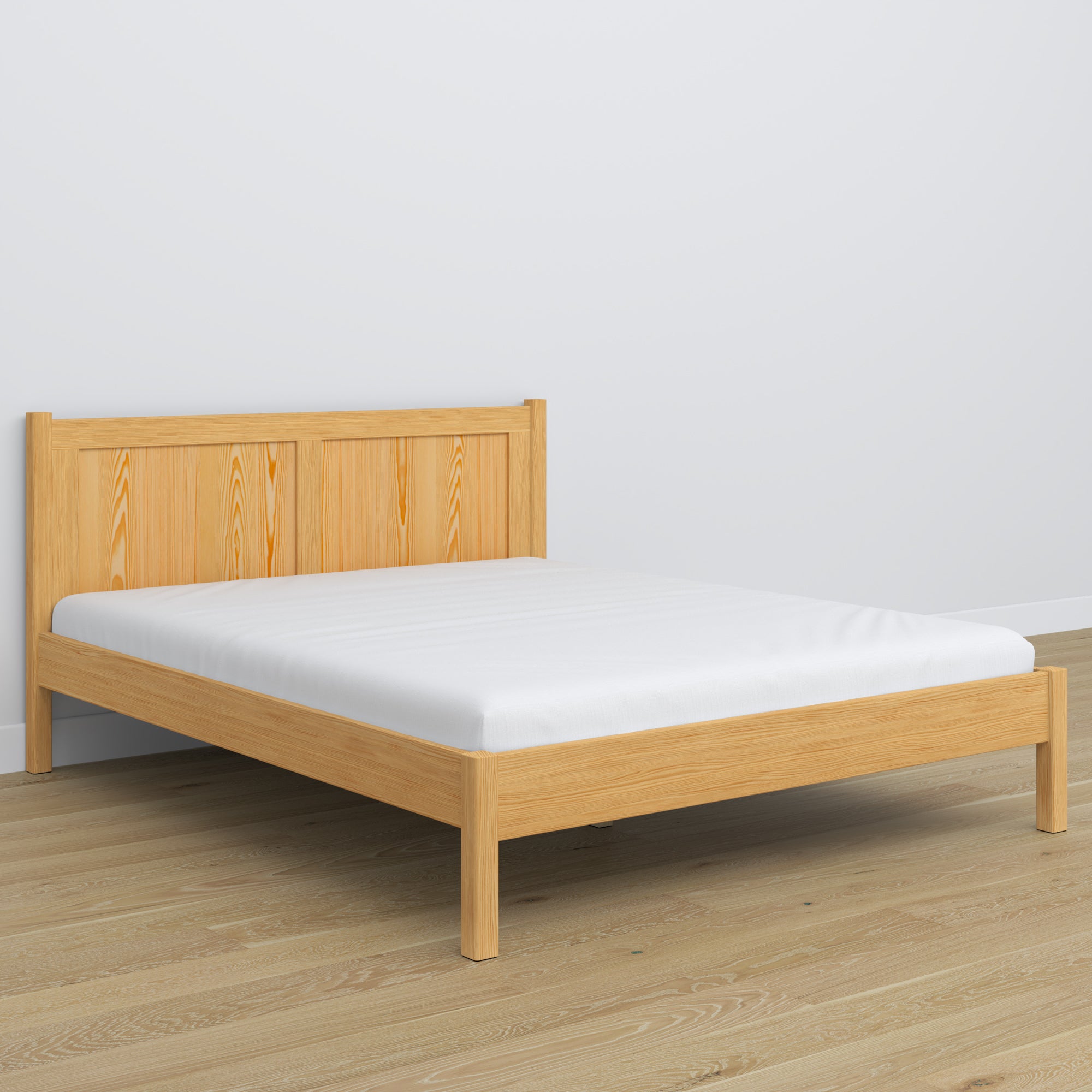 Tweepersoonsbed naturel grenen – houten hoofdeinde, close-up van houtskwaliteit