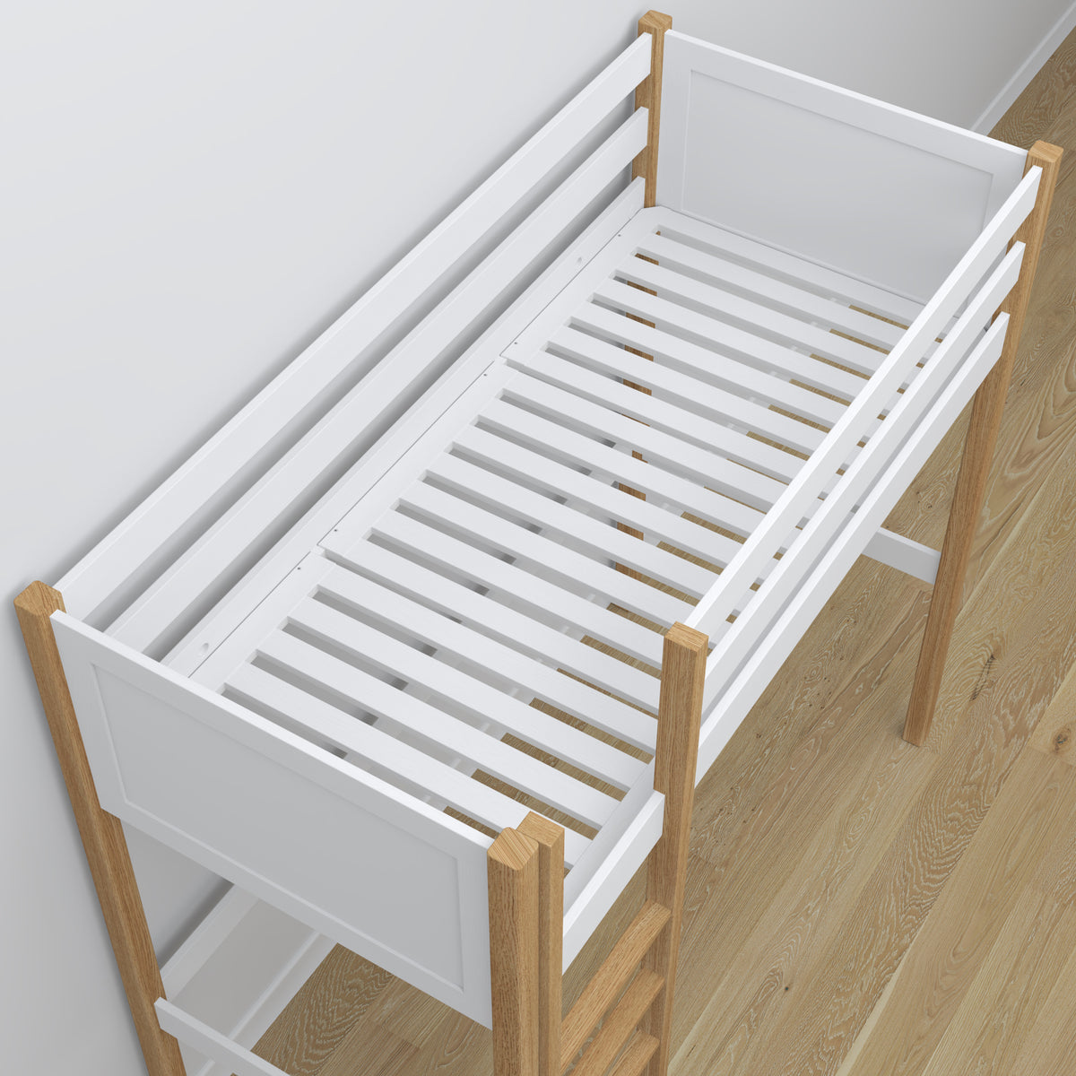 Houten hoogslaperbed wit-eiken – details van verbindingen en ladder, Nizio Home
