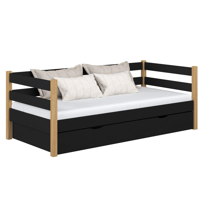 Slaapbank met lade houten zwart-eiken – kinderkamer, scandi stijl Nizio