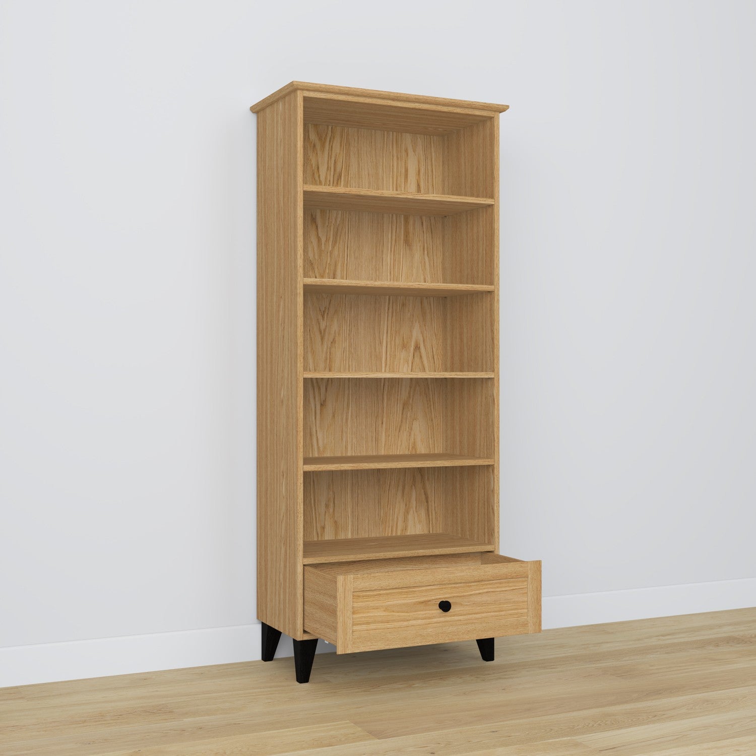 Bookcase 1S 80 natural oak with black made of oak – side view, depth and profile