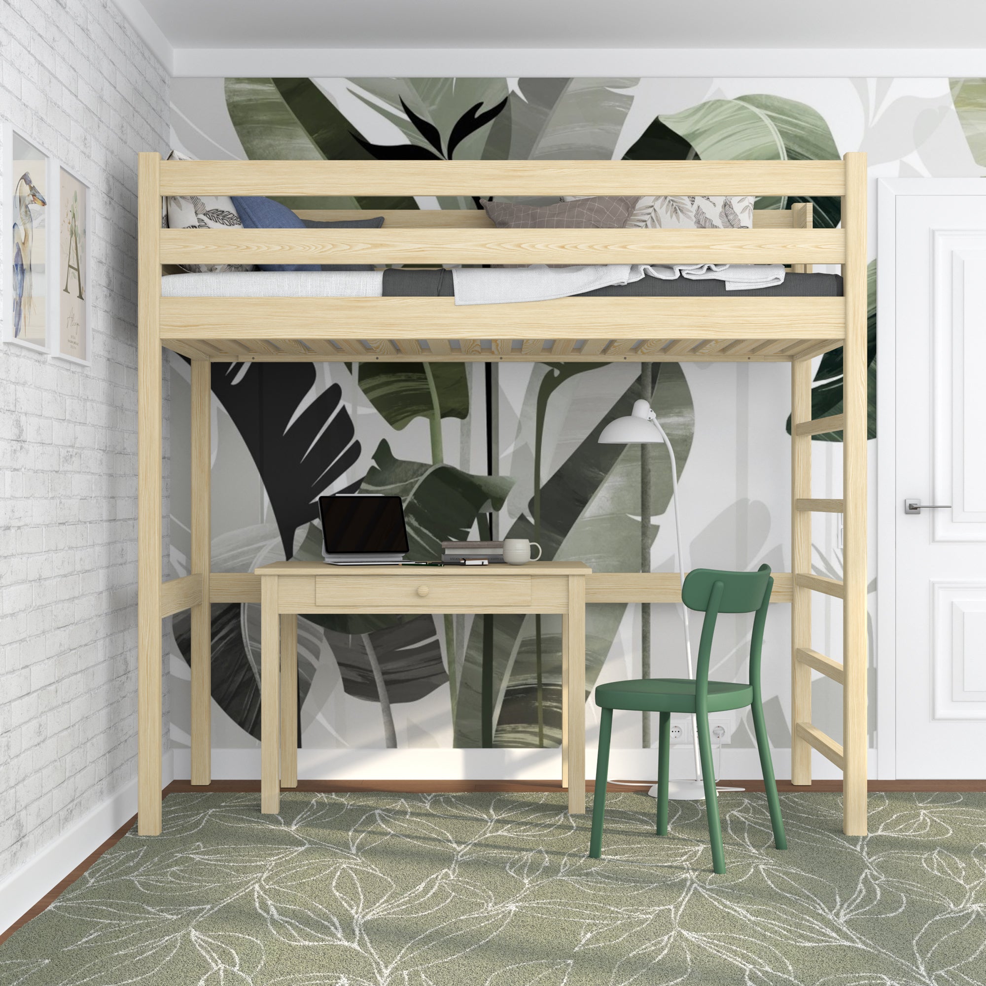Lit mezzanine pin incolore – échelle i barrière en bois, Nizio Home