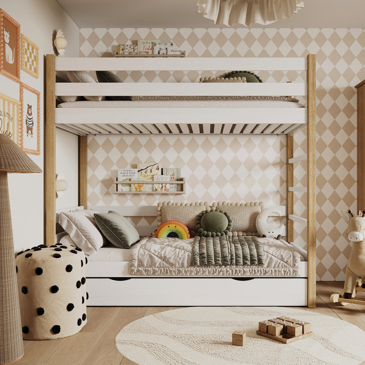 Stapelbed houten wit-eiken – lade open, ruime bergruimte onder het bed
