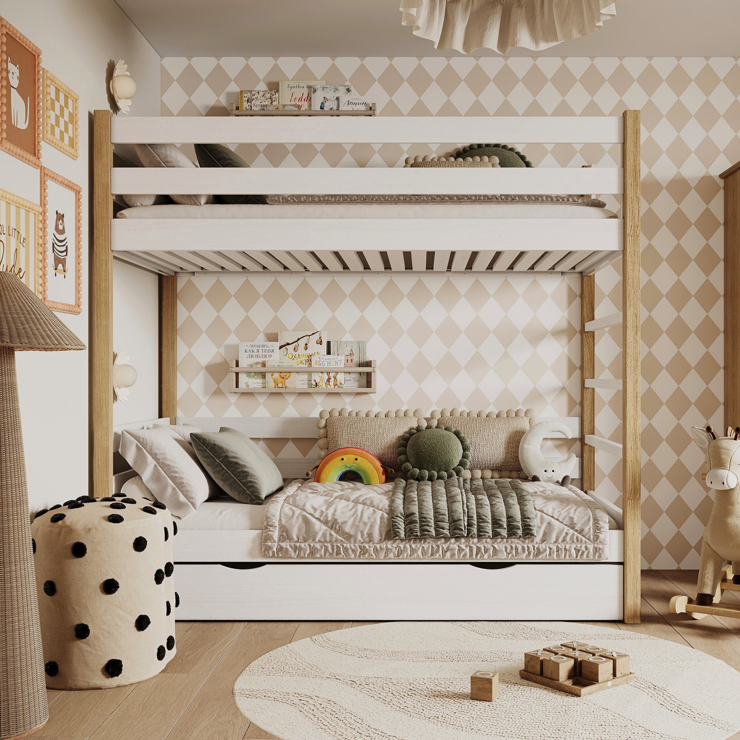 Stapelbed houten wit-eiken – lade open, ruime bergruimte onder het bed
