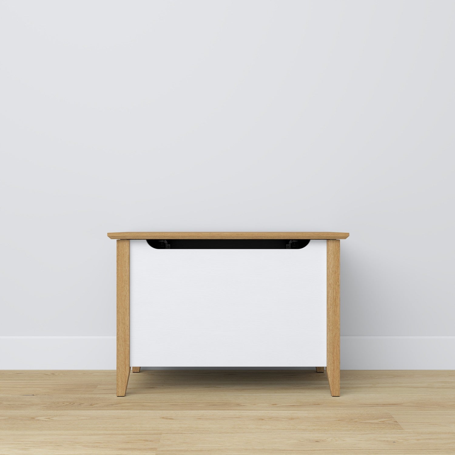 Coffre en bois blanc avec chêne – rangement et siège, style scandinave Nizio