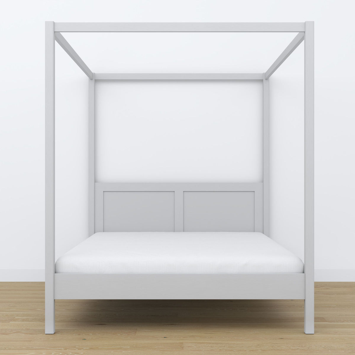Tweepersoons bed grijs met hemel – hoek van het frame houten, close-up
