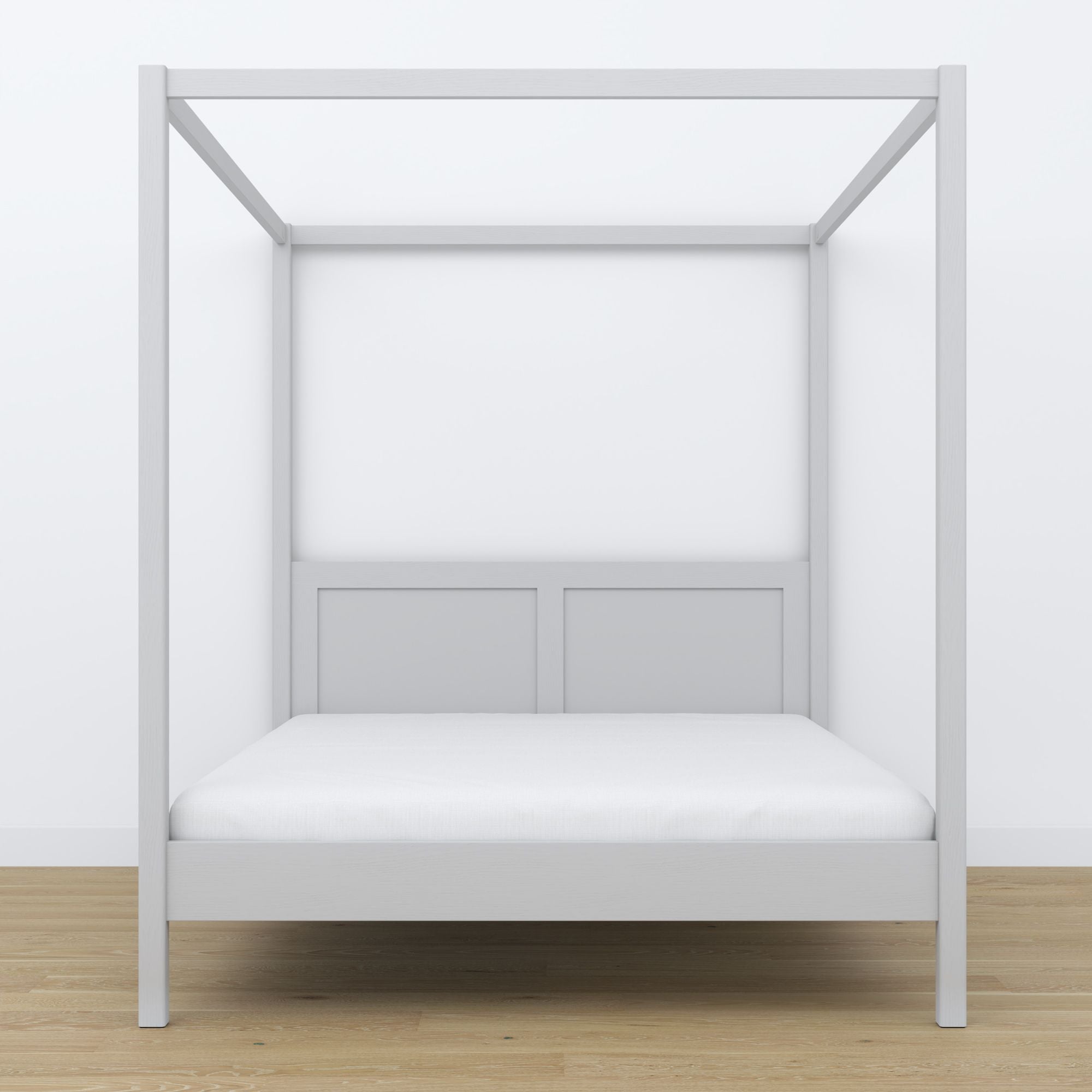 Tweepersoons bed grijs met hemel – hoek van het frame houten, close-up