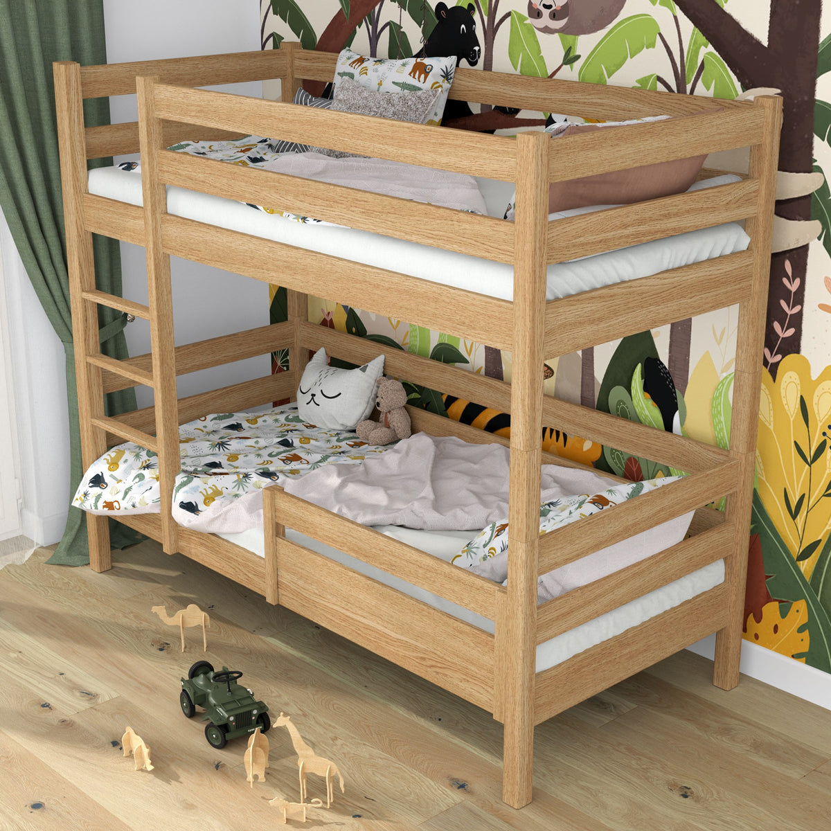 Barrière anti-chute chêne naturel montée sur le lit – gros plan